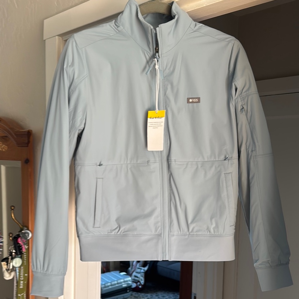 Figs dusty blue Bomber Jacket, on shift cloud XS